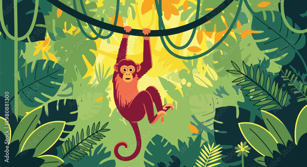 Obraz premium Flat style illustration of monkey hanging from vines in dense jungle with green leaves and sunlight, representing playful wildlife and tropical rainforest environment
