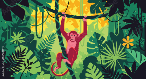 Flat style illustration of monkey hanging from vines in dense jungle with green leaves and sunlight, representing playful wildlife and tropical rainforest environment
