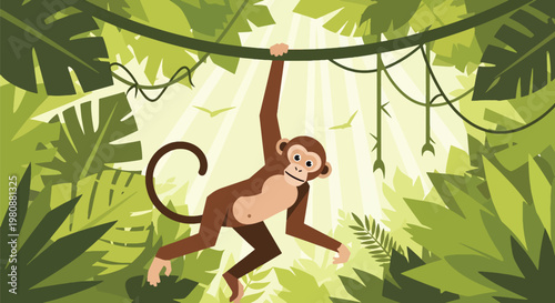 Photography Flat style illustration of monkey hanging from vines in dense jungle with green