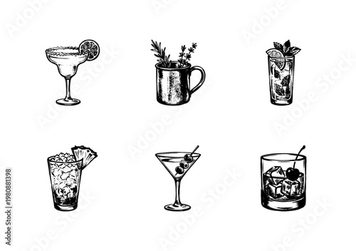 Classic Mixed Cocktails and Refreshing Summer Drinks with Hand-Drawn Inky Doodle and Detailed Engraved Texture