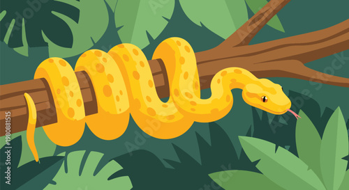 Flat style illustration of snake coiled on tree branch in jungle with leaves and shadow background, representing wildlife danger, reptile life, and tropical ecosystem