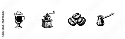 Coffee Shop Essentials and Barista Equipment with Fluid Engraving Style and Hand-Drawn Sketchy Style