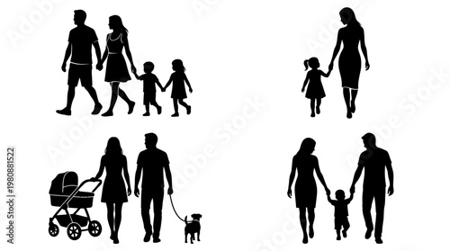 Set of Happy Family Silhouettes Walking with Children, Baby Stroller, and Dog