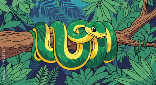 Flat style illustration of snake coiled on tree branch in jungle with leaves and shadow background, representing wildlife danger, reptile life, and tropical ecosystem