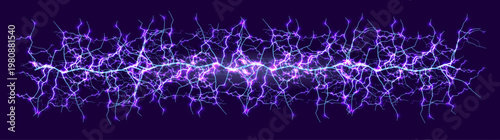 Electric lightning bolt, blue purple neon plasma sparks, violet high voltage energy light line. Game VFX, sci-fi tech banners, headers, wallpapers. Lightning effects visuals Vector illustration.