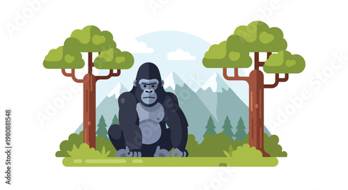 Flat style illustration of gorilla sitting in jungle clearing with trees and mountain background, representing wildlife strength, nature habitat, and conservation awareness
