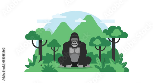 Flat style illustration of gorilla sitting in jungle clearing with trees and mountain background, representing wildlife strength, nature habitat, and conservation awareness