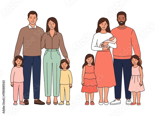 Diverse Happy Families with Children and Newborn Baby Flat Vector Illustration