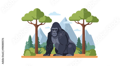 Flat style illustration of gorilla sitting in jungle clearing with trees and mountain background, representing wildlife strength, nature habitat, and conservation awareness