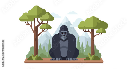 Flat style illustration of gorilla sitting in jungle clearing with trees and mountain background, representing wildlife strength, nature habitat, and conservation awareness
