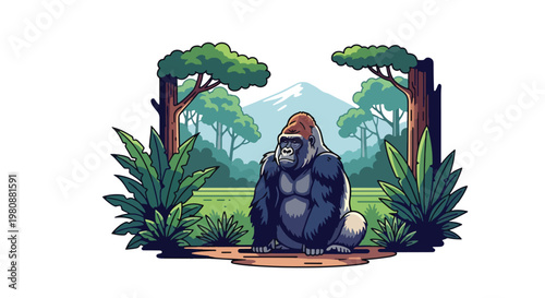 Flat style illustration of gorilla sitting in jungle clearing with trees and mountain background, representing wildlife strength, nature habitat, and conservation awareness