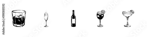 Alcoholic Beverages and Glassware for Bar Menu with Fluid Engraving Style in Hand-Drawn Sketchy Style