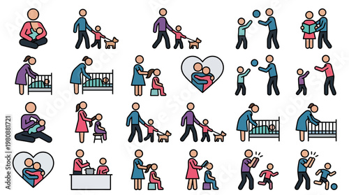 Parenting and Childcare Icon Set: Stick Figure Symbols of Family Daily Routine, Parenting Activities, and Child Development Vector Icons