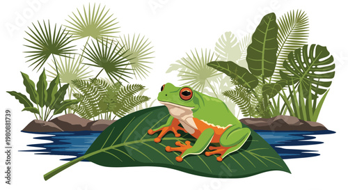 Schilderij op canvas Flat style illustration of frog sitting on leaf near water in rainforest with pl