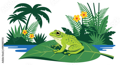Flat style illustration of frog sitting on leaf near water in rainforest with plants background, representing amphibian life, biodiversity, and tropical ecosystem