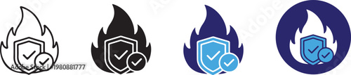 Secure fire icon with shield. Flame and protection symbol. Burn, Safety and guard concept representing controlled fire and risk prevention. blaze and hazard sign.