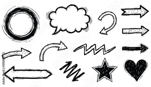 Sketch line arrow element, star, heart shape. Hand drawn doodle sketch style circle, cloud speech bubble grunge element set. Arrow, star, heart brush decoration. Vector