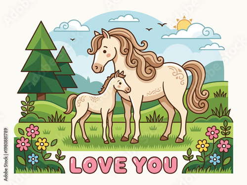 Cute Cartoon Illustration of a Mother Horse and Foal in a Sunny Meadow with Flowers and Pine Trees, Featuring 'Love You' Text for Kids and Nursery Art