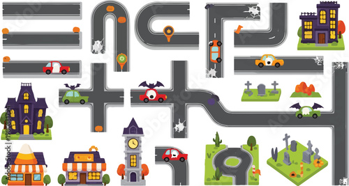 Halloween city road map kit with spooky haunted houses and monster cars. Cartoon street constructor set with cemetery and ghost elements for game design.