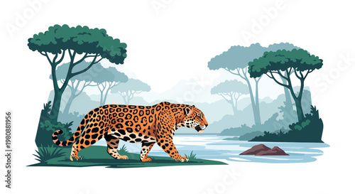 Flat style illustration of jaguar walking near river in jungle with trees and misty background, representing predator behavior and tropical wildlife ecosystem
