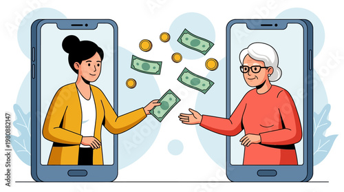 Online Money Transfer Illustration: Young Woman Sending Digital Payment via Smartphone to Elderly Woman, Mobile Banking and Family Financial Support Concept