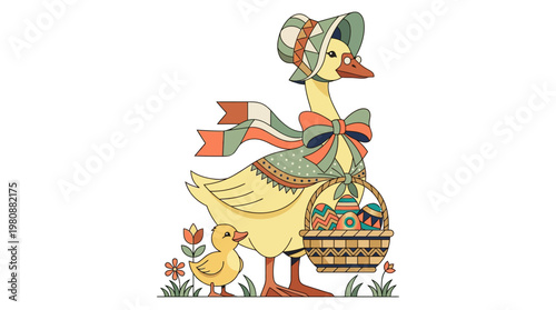 Vintage Mother Goose Illustration with Duckling and Easter Egg Basket - Cute Folk Art Animal Characters for Spring and Nursery Decor
