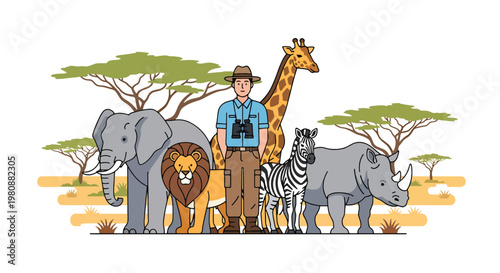 Fotografía Flat style illustration of ranger with animals in savanna landscape, representin