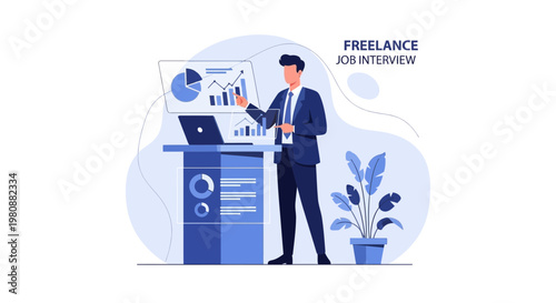 Man in Suit Presenting Financial Data on Screen for Freelance Job Interview
