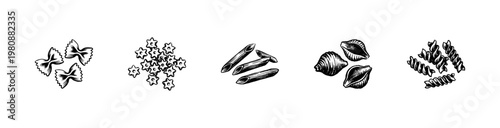 Italian Pasta Varieties and Mediterranean Cuisine Ingredients with Hand-Drawn Inky Doodle and Organic Sketchy Textures