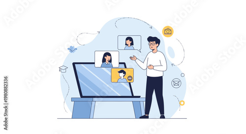 Man in Online Meeting, Video Conference Call with Colleagues, Remote Work Concept