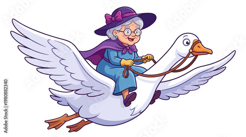 Whimsical Illustration of Mother Goose Flying with an Elderly Woman on Her Back, Cartoon Fantasy Character Design on White Background