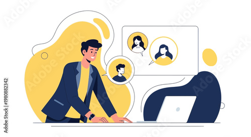 Man in Video Call with Colleagues, Remote Work Concept