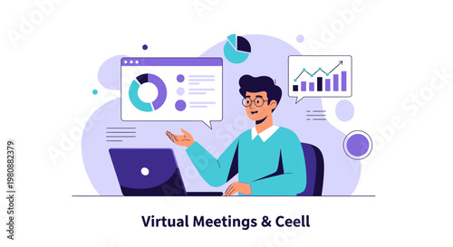 Man in Virtual Meeting Presenting Data Analytics and Growth Charts on Laptop