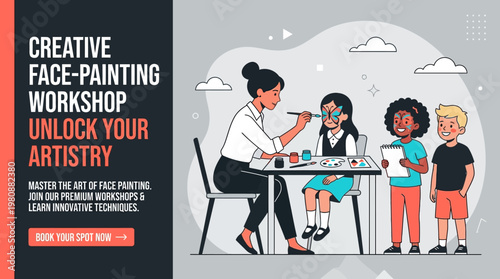 Creative Face-Painting Workshop Banner with Teacher and Children, Vector Illustration for Kids Art Class, Educational Event, and Professional Makeup Artist Training