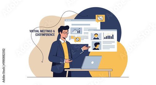 Man in Virtual Meeting Presentation with Laptop and Charts