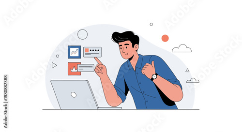 Man interacting with digital interface, data analysis, online security, and technology concept