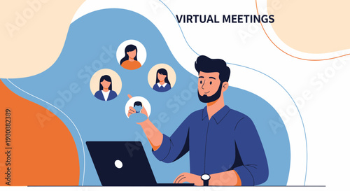 Man in Virtual Meeting with Colleagues on Laptop Screen