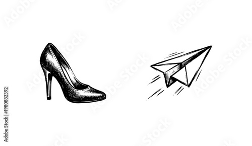 Romantic Lifestyle and Whimsical Travel Elements with Hand-Drawn Inky Brush Strokes and Expressive Sketchy Lines