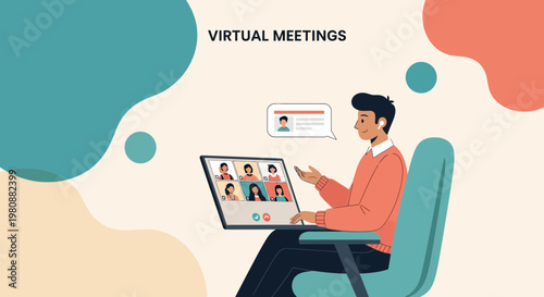 Man in Virtual Meeting with Colleagues on Laptop Screen, Online Communication