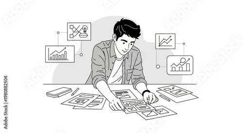 Man planning business strategy with charts and ideas, workflow concept