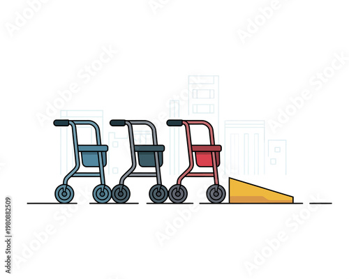 Three shopping carts on a city street with one on a ramp  urban retail scene