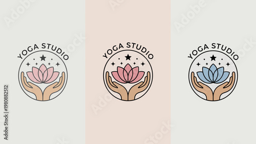 Yoga studio logo with lotus flower and hands  wellness and meditation symbol