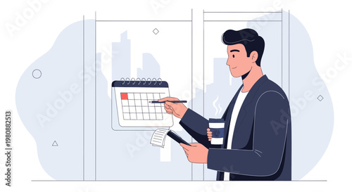 Man planning in calendar, holding coffee and phone, business concept illustration
