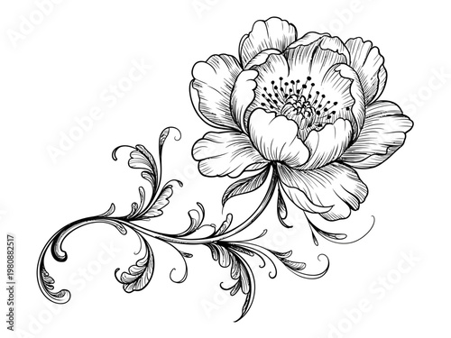 Beautiful floral design with a single flower and decorative leaves and stems