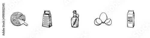 Italian Cuisine and Homemade Pizza Preparation Elements with Fluid Engraving Style and Hand-Drawn Sketchy Aesthetic