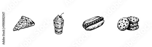 Snacks and Fast Food Delicacies with Hand-Drawn Inky Brush Strokes and Fluid Organic Outlines