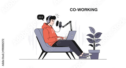 Man podcasting with laptop and microphone in a co-working space, illustration