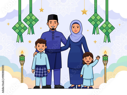 Happy Muslim Malay Family Celebrating Eid al-Fitr Hari Raya Aidilfitri Illustration with Ketupat and Pelita Decorations