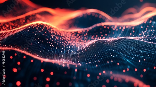 A vibrant digital landscape with glowing red and blue dots and lines on a dark background