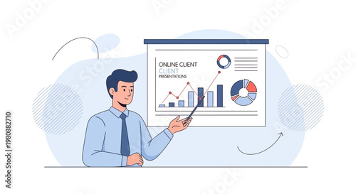 Man presenting online client presentation with charts and graphs on screen